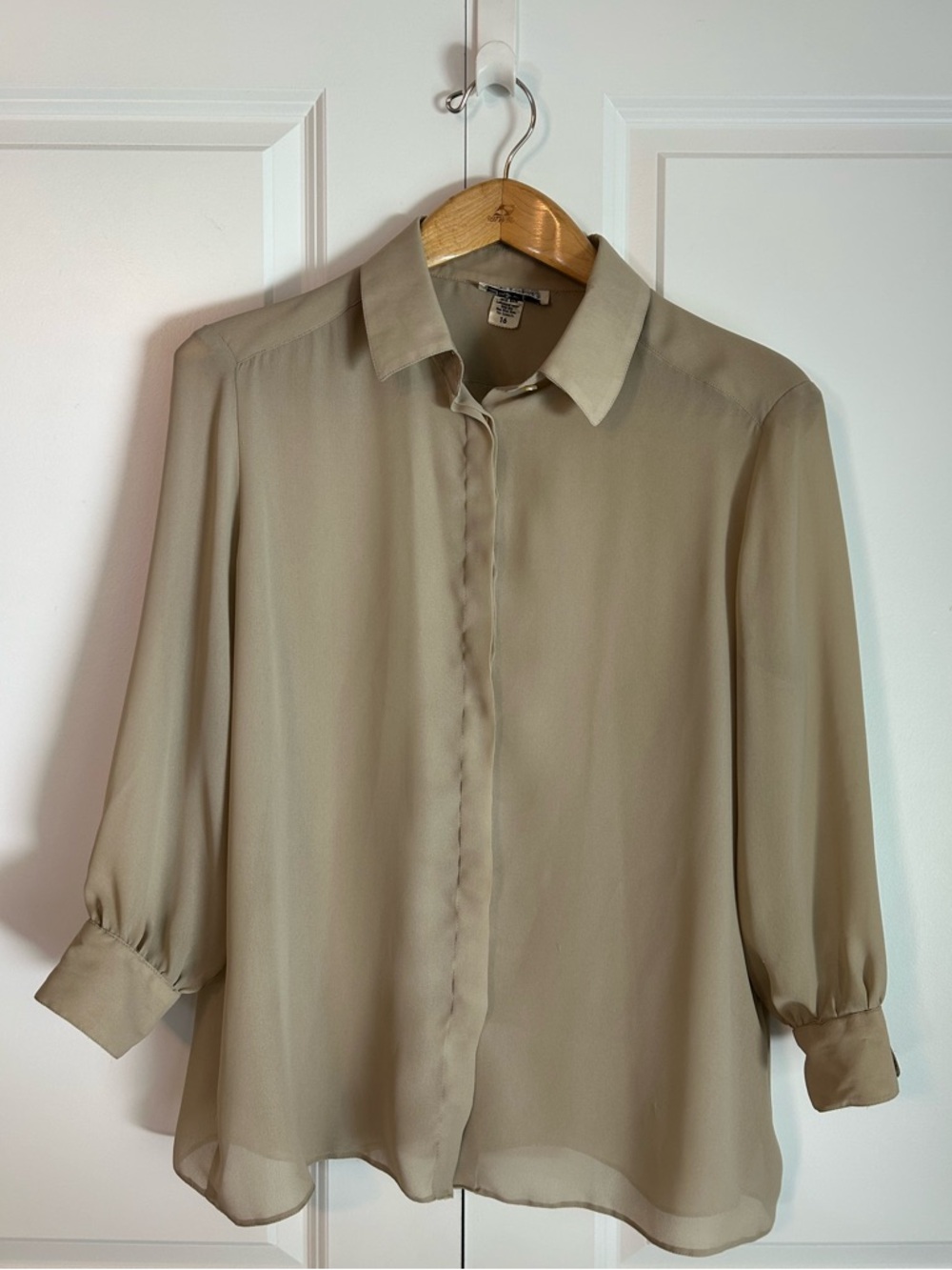 St. John Vintage 80’s lightweight sheer light tan taupe button down blouse 16